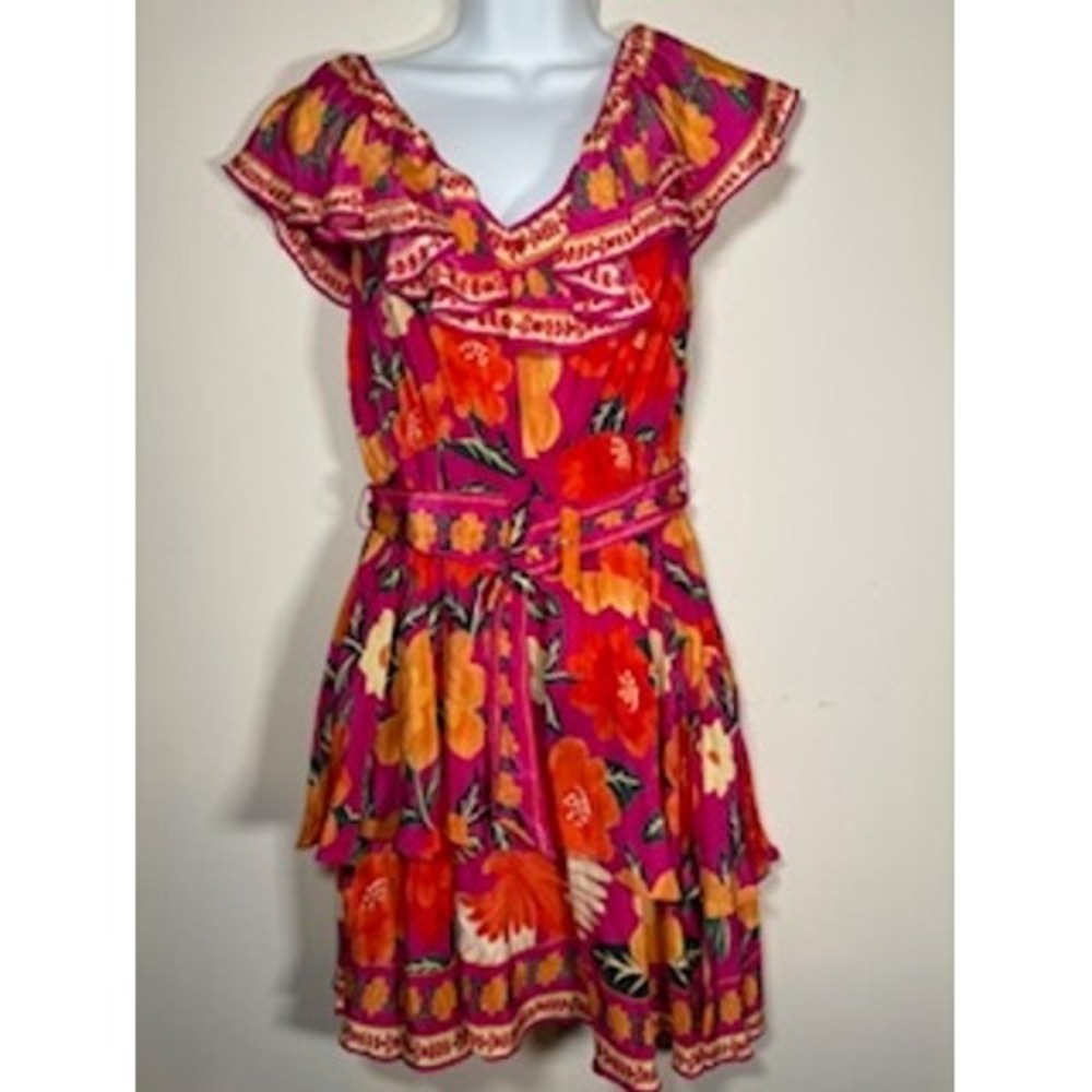 Farm Rio Mini Dress Pink Flowers Tapestry Ruffle Belted XS Tropical Boho NWT